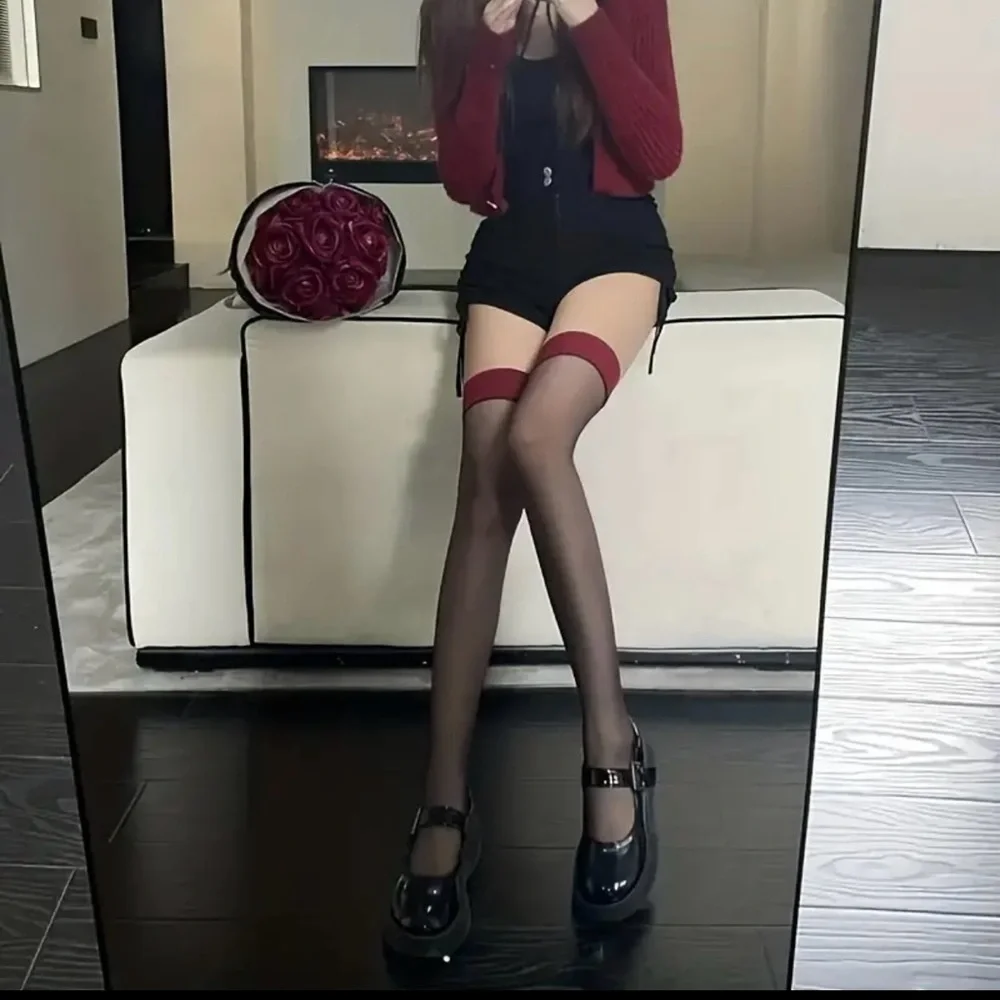 1 Pair Thin Light Two Tone, Control Top Sheer‎ Over The Knee Socks One Size